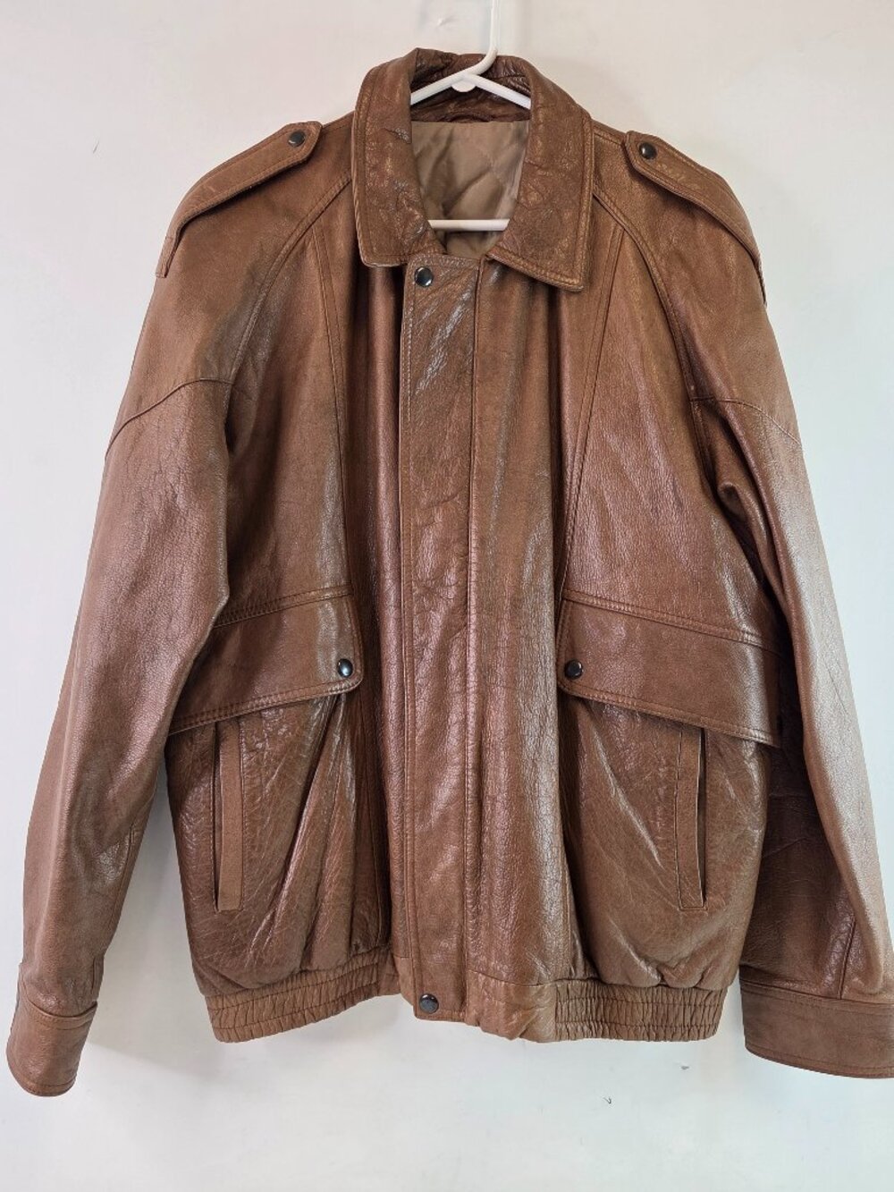 Vintage Mens Leather Jacket Size 44 Brown w/ Should Snap Details
